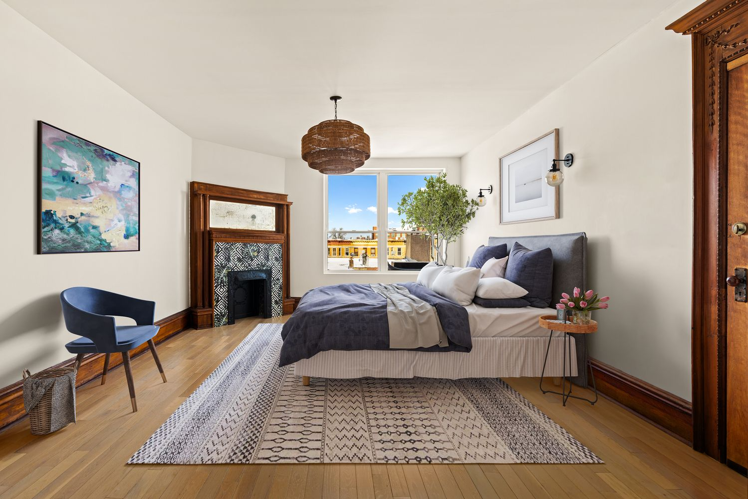 bedroom with corner fireplace with modern tile surround