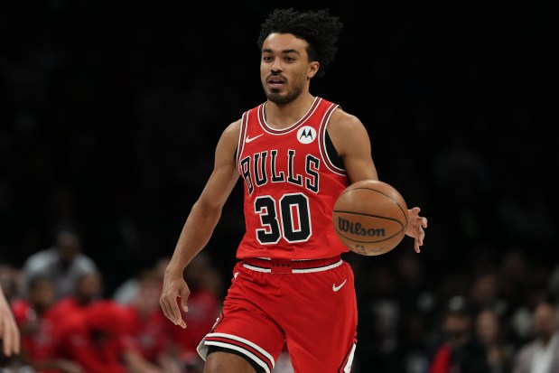 Chicago Bulls' Tre Jones during the first half against the Brooklyn Nets on Friday, Jan. 16, 2026, in New York. (AP Photo/Frank Franklin II)