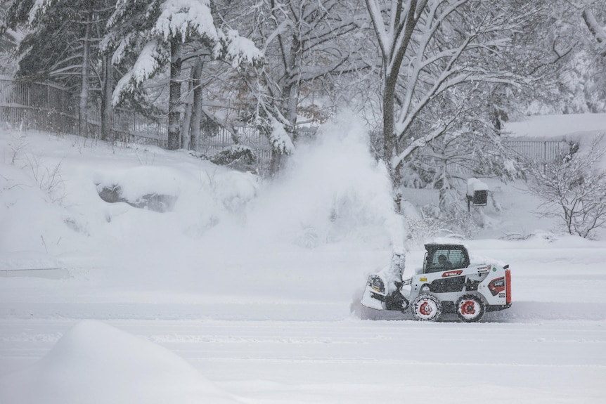 A snowplough clears the road in Central Park.
