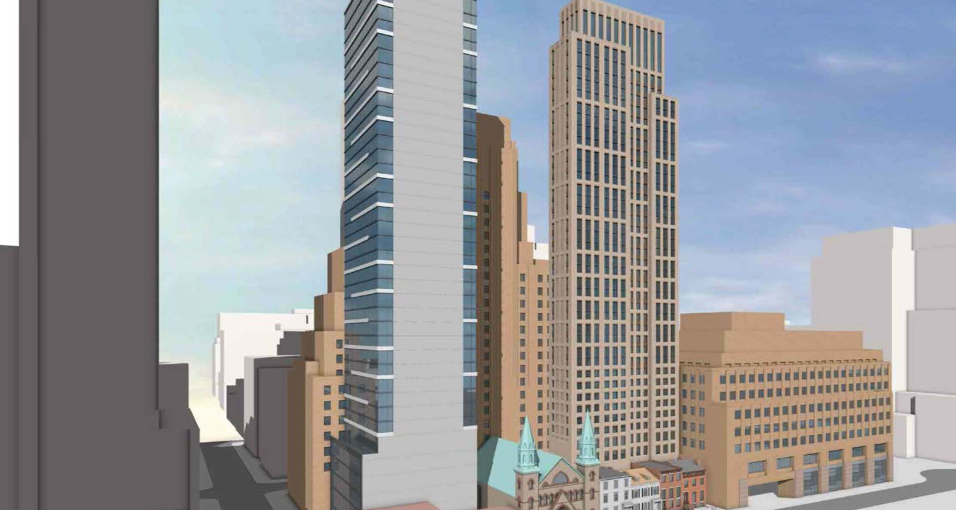 a tower behind historic houses