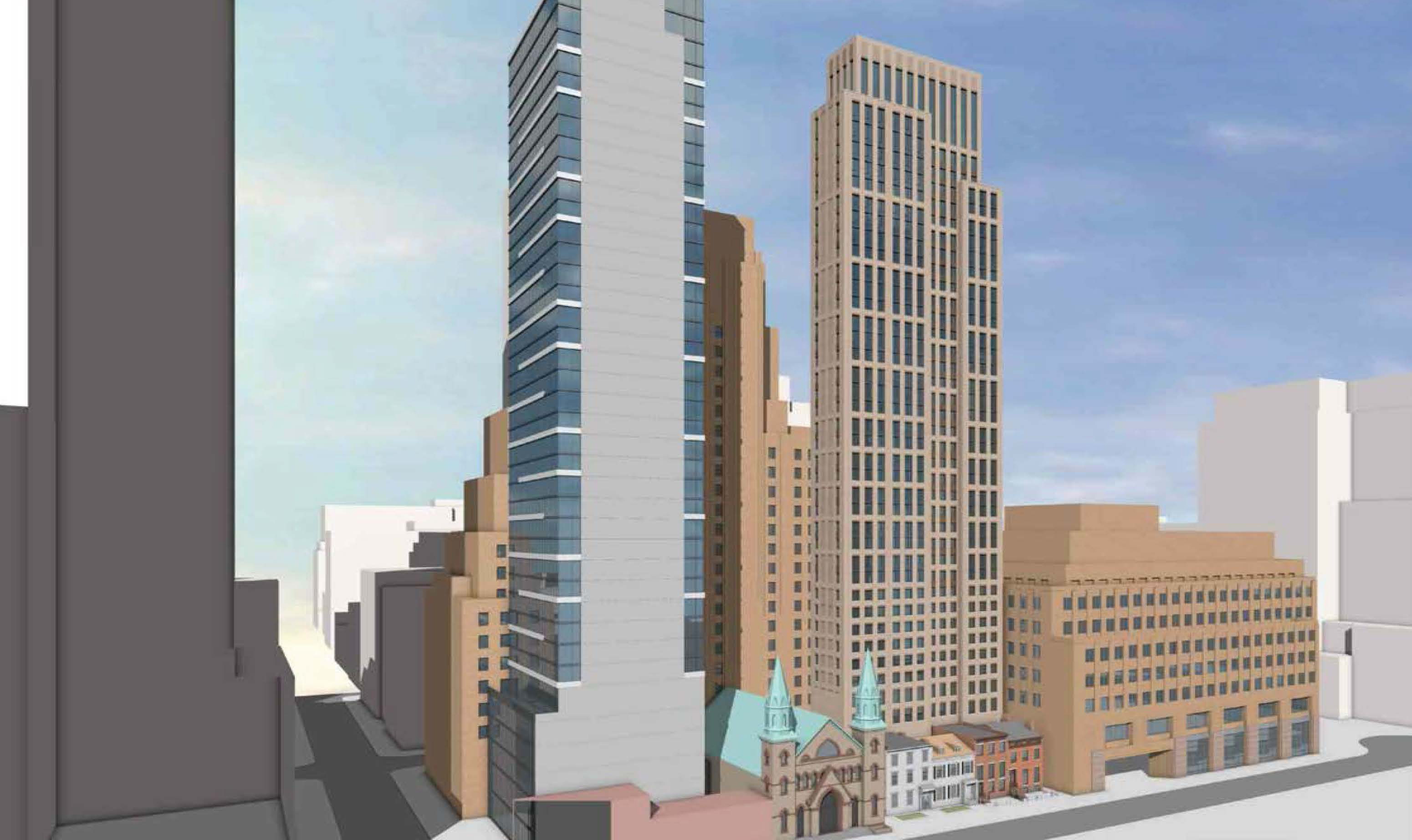 a tower behind historic houses