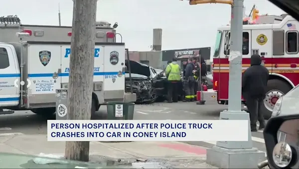 News 12 | Brooklyn | Person hospitalized after NYPD truck collides with car in Coney Island