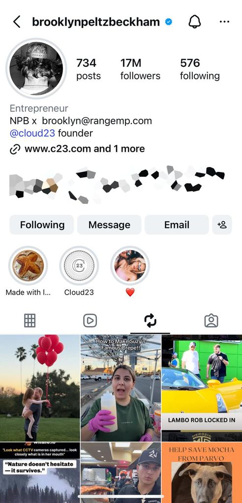 Screengrab of Brooklyn Beckham's Instagram with Meghan Markle's post reshared 