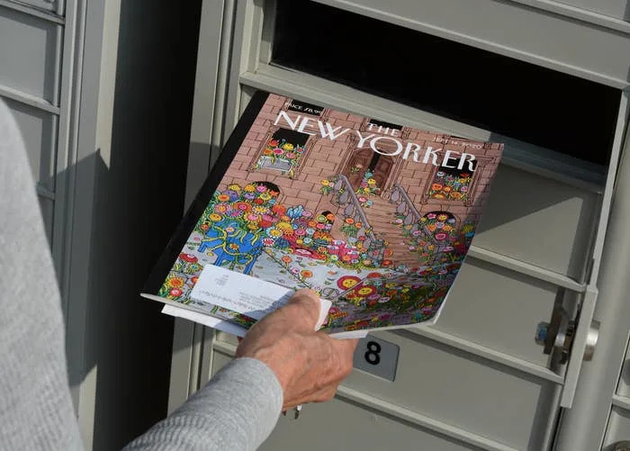 Person retrieving The New Yorker magazine from a mailbox. The cover features an illustration with a floral theme