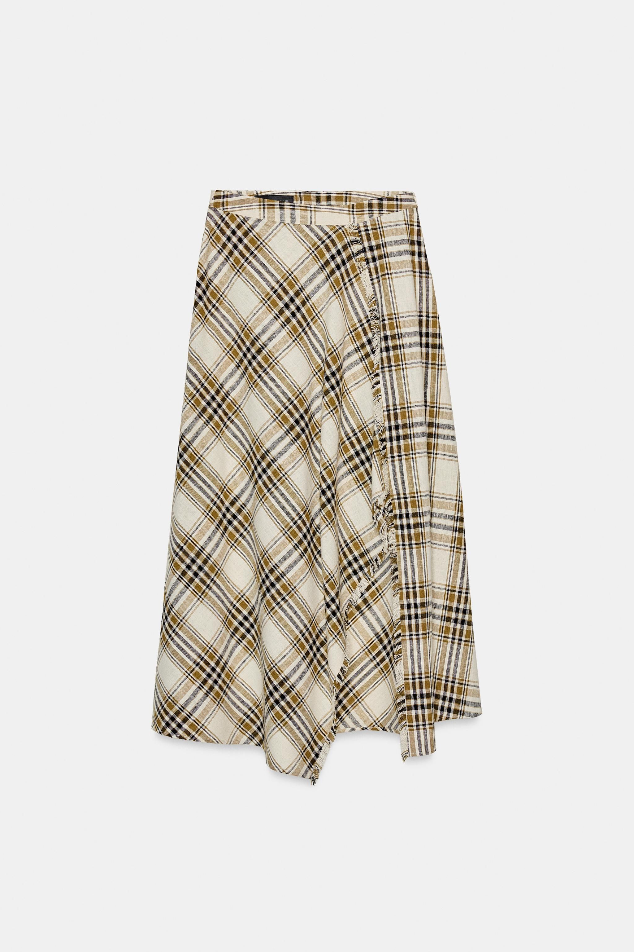 Asymmetric Plaid Midi Skirt