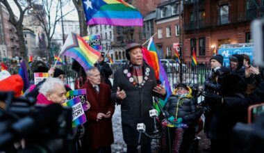 Human Rights activist Jay Walker speaks during a protest in front of the Stonewall Monument in Manhattan in New York