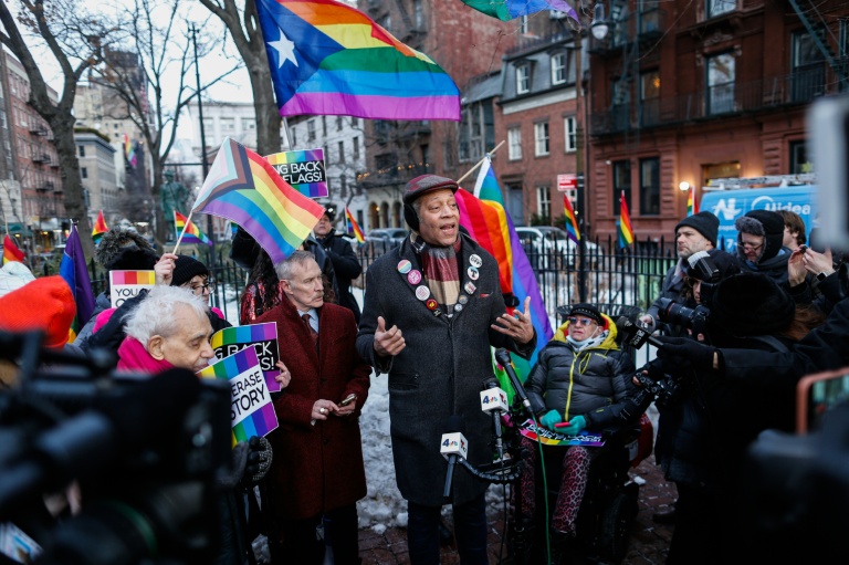 Human Rights activist Jay Walker speaks during a protest in front of the Stonewall Monument in Manhattan in New York