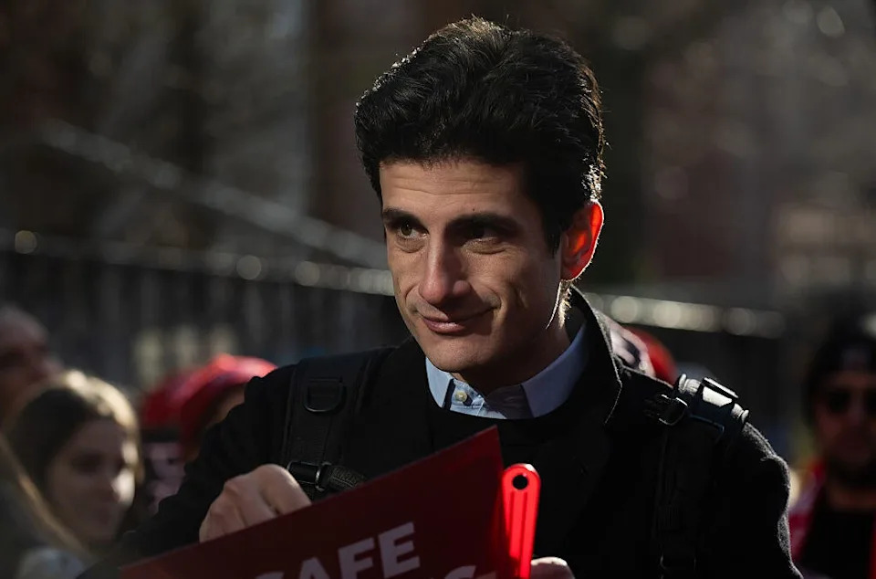 Jack Schlossberg, grandson of late President John. F Kennedy, speaks to members of the New York State Nurses Association outside Mount Sinai West on Jan. 12, 2026, in New York City. / Credit: Edna Leshowitz / Getty Images
