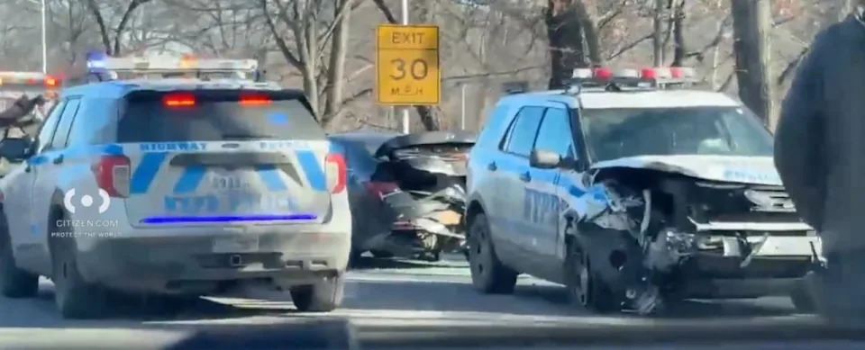 Police car involved in a multi-vehicle crash on the Bronx River Parkway
