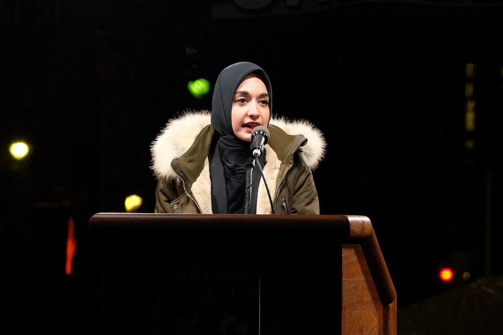Faiza Ali speaks at the We Stand United NYC Rally.