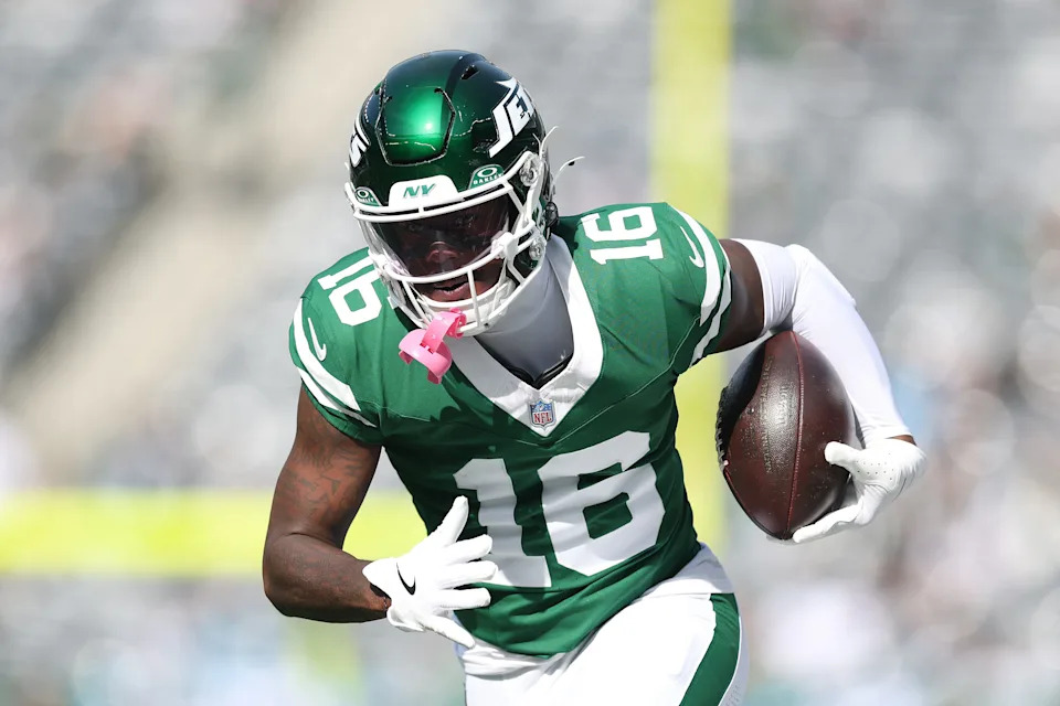 EAST RUTHERFORD, NEW JERSEY - OCTOBER 19: Tyler Johnson #16 of the New York Jets warms up prior to the game against the Carolina Panthers at MetLife Stadium on October 19, 2025 in East Rutherford, New Jersey. (Photo by Ishika Samant/Getty Images)