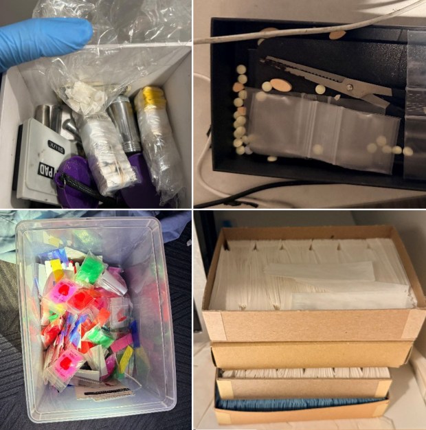 Ahuva Katzin and Yitzchok Sklar were arrested on Feb. 3, 2026. Law enforcement officers searched Katzin's Brooklyn apartment pursuant to a warrant and recovered, among other things: solid white substances (top left); pills alongside multiple clear plastic baggies (top right); and large quantities of colored plastic baggies (bottom left) and glassine envelopes (bottom right). (U.S. Department of Justice)