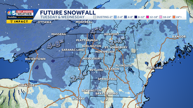 Snow Forecast 2-9-26 Snowfall forecast from Tuesday afternoon through Wednesday evening.