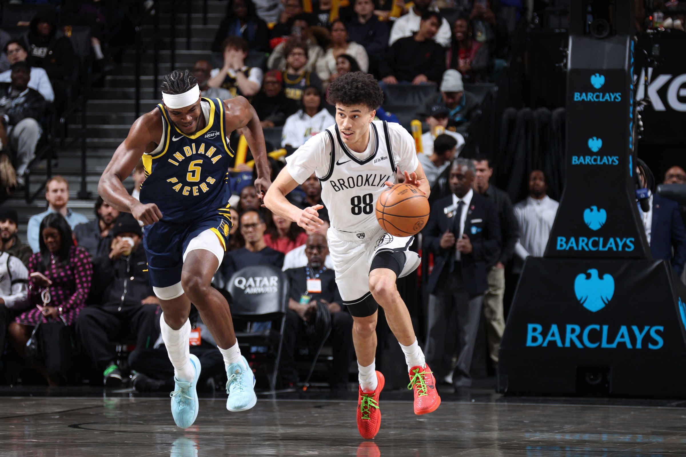 BROOKLYN, NY -  FEBRUARY 11: Nolan Traore #88 of the Brooklyn Nets handles the ball during the game against the Indiana Pacers on February 11, 2026 at Barclays Center in Brooklyn, NY. NOTE TO USER: User expressly acknowledges and agrees that, by downloading and or using this Photograph, user is consenting to the terms and conditions of the Getty Images License Agreement. Mandatory Copyright Notice: Copyright 2026 NBAE (Photo by Stephen Gosling/NBAE via Getty Images)
