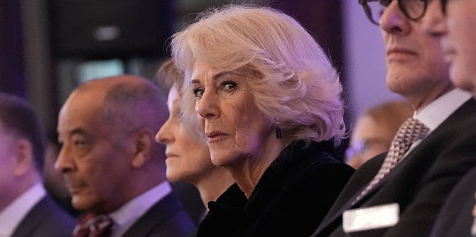 Queen Camilla Looks Somber in All Black During Solo Outing After Andrew's Arrest