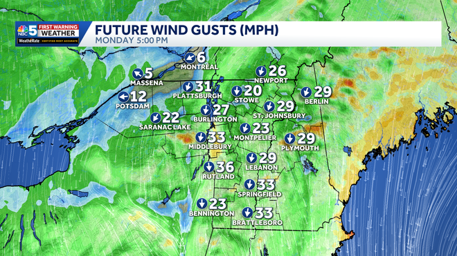 Wind gust forecast across Vermont and New York.