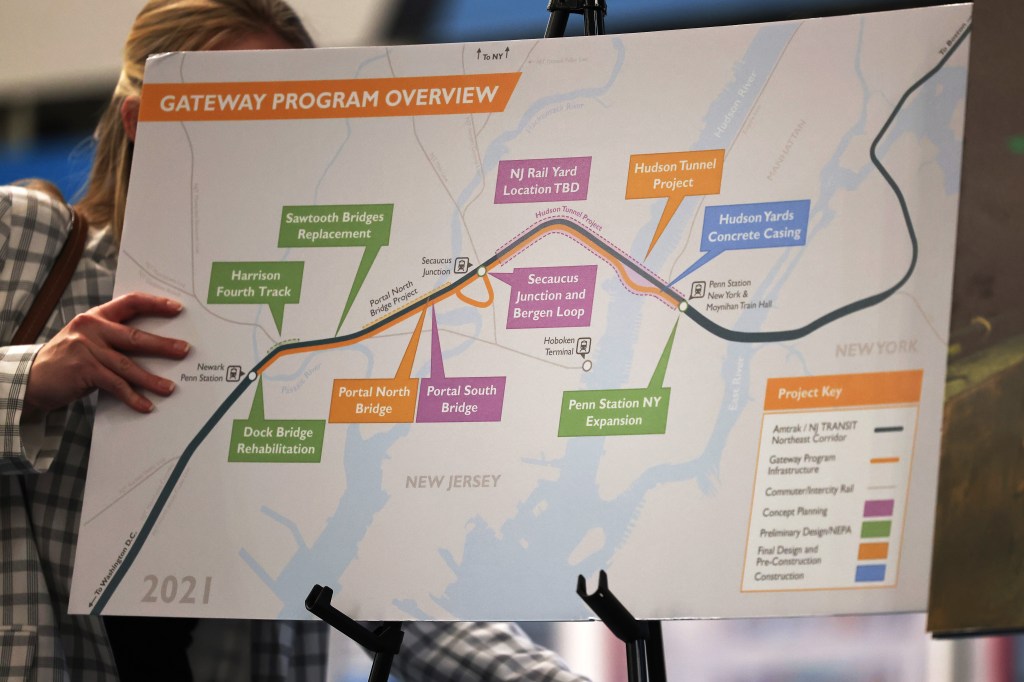 A map showing the Gateway Program Overview for rail projects in New York and New Jersey, highlighting the Hudson Tunnel Project and other infrastructure improvements.