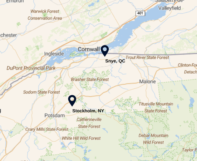 Stockholm, NY to Snye, QC Stockholm, NY to Snye, QC