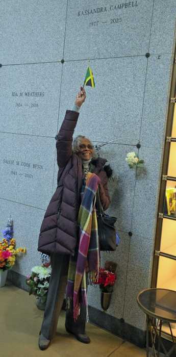 Sadie Campbell, president of the Jamaica Progressive League stopped by her daughter Kassandra’s mausoleum following the lecture. Unfortunately Kassandra died in 2025.