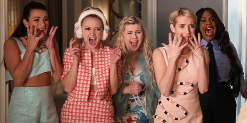Lea Michele, Billie Lourd, Abigail Breslin, Emma Roberts and Niecy Nash share a big scream on Scream Queens