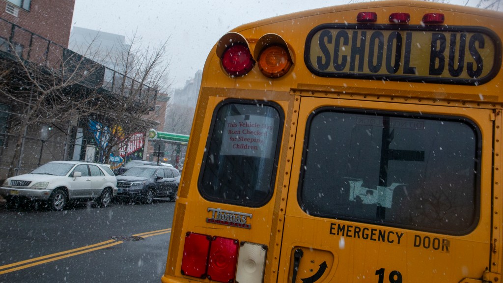 A yellow school bus during a snow event.