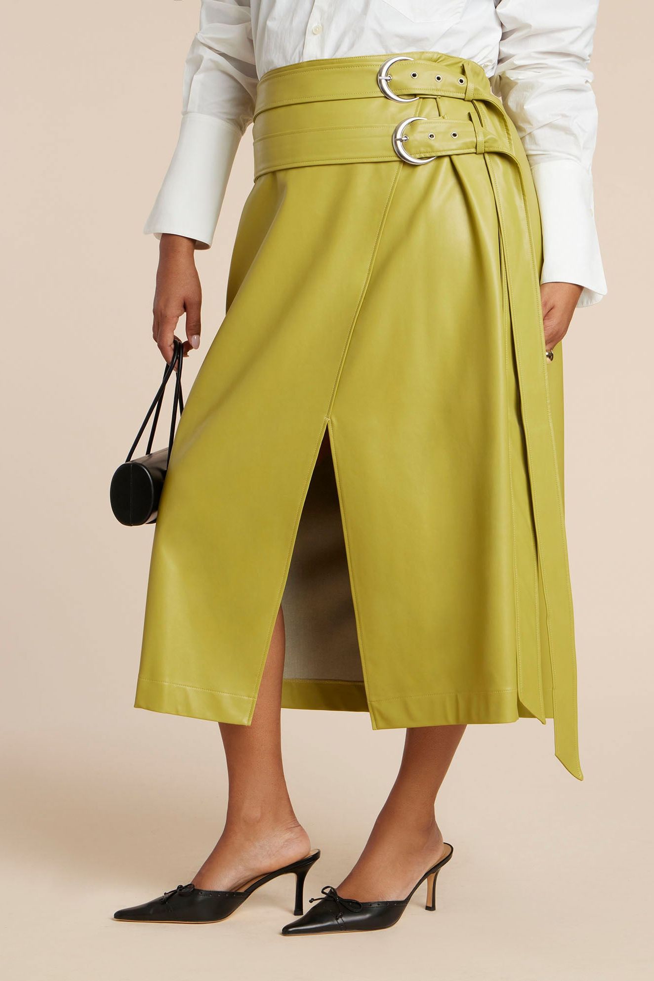 Double Belt Wrap Faux Leather Skirt
