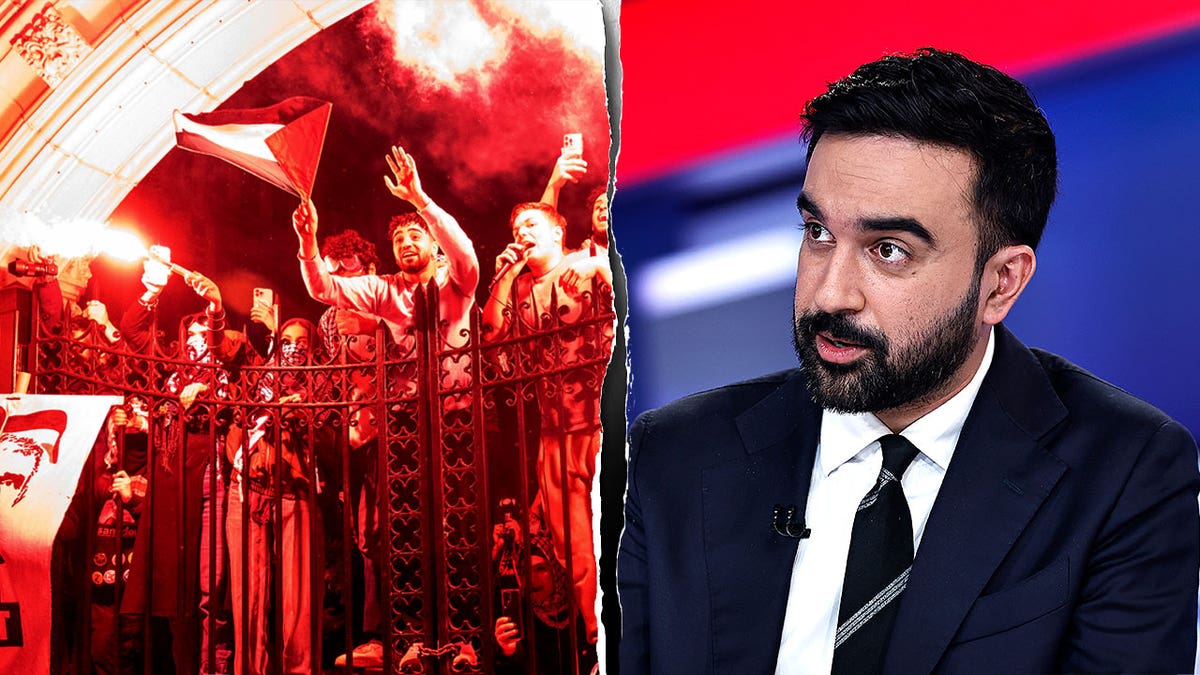NYC mayor-elect Zohran Mamdani next to a pro-Palestine protest at an NYC university.