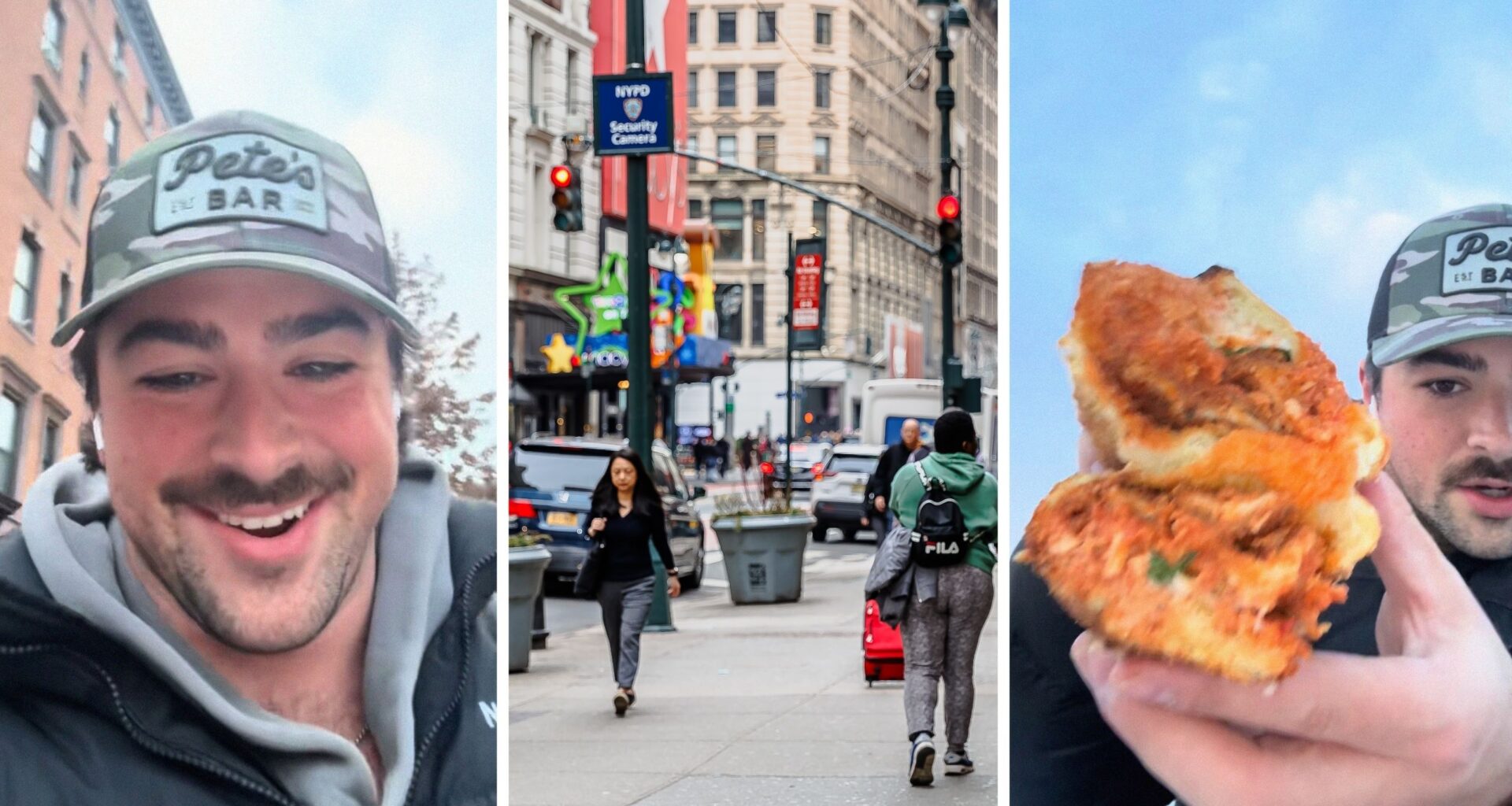 man shares food purchase (l) NYC sidewalk (c) man holding up viral sandwich (r)