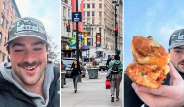 man shares food purchase (l) NYC sidewalk (c) man holding up viral sandwich (r)