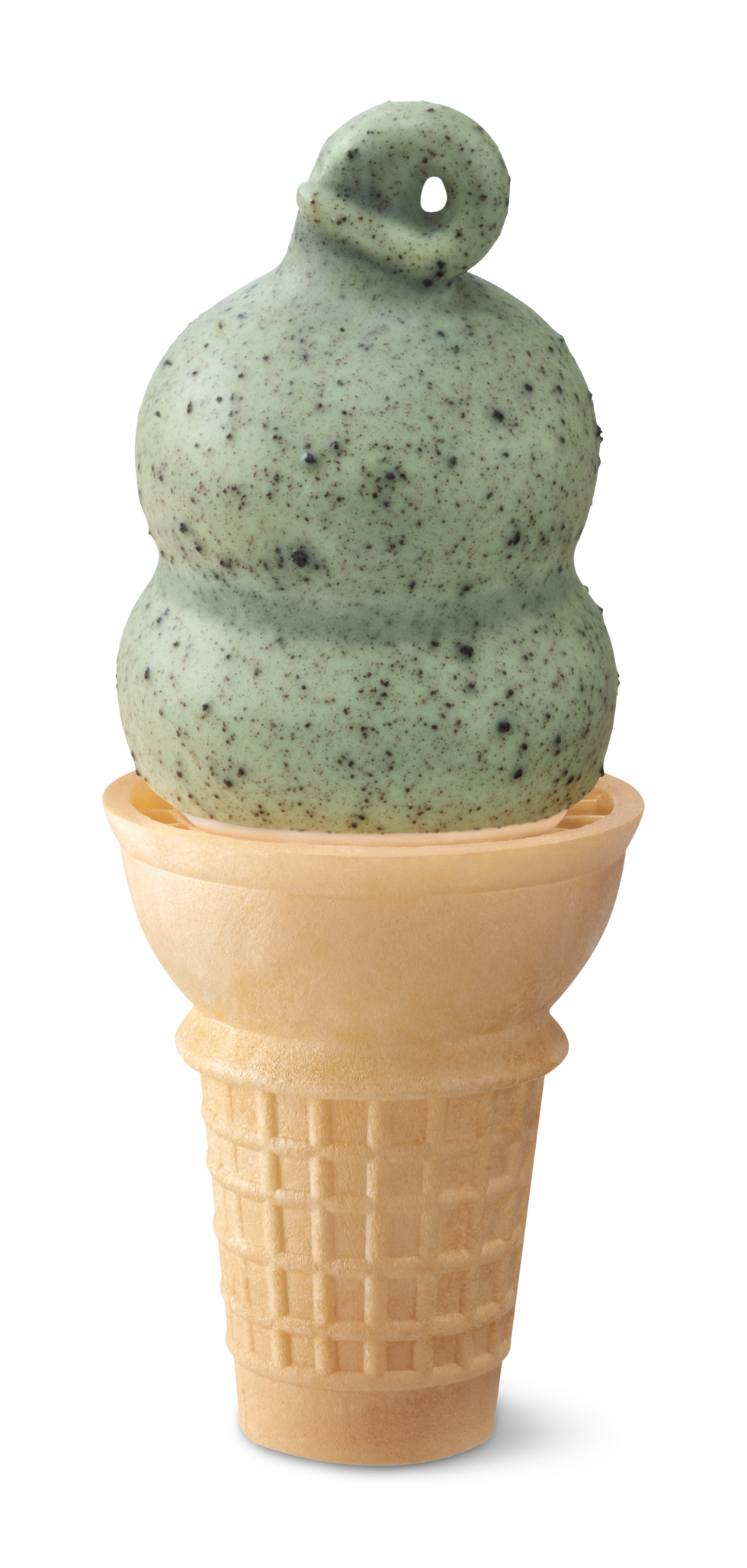 softserve ice cream in a waffle cone with a mint chocolate chip flavor