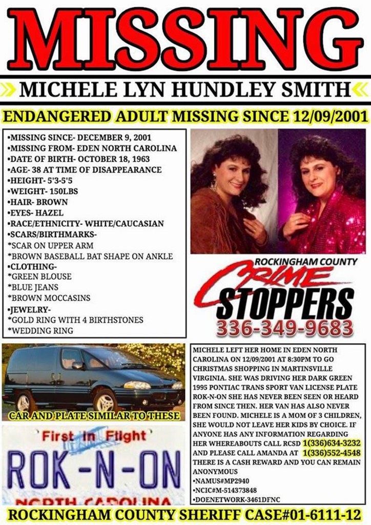Collage of a missing person poster for Michele Lyn Hundley Smith, featuring two photos of her, details about her disappearance, and images of a similar car and license plate.