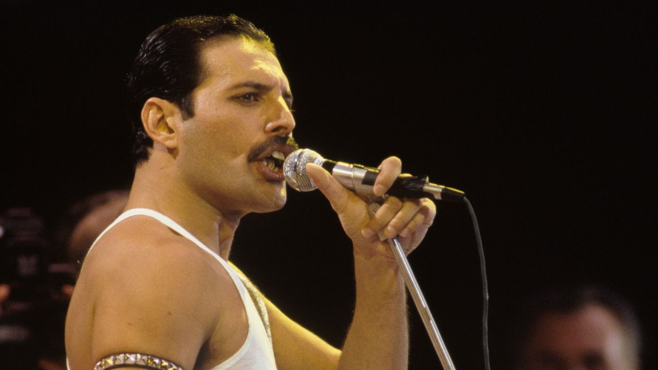 Freddie Mercury singing onstage at Live Aid