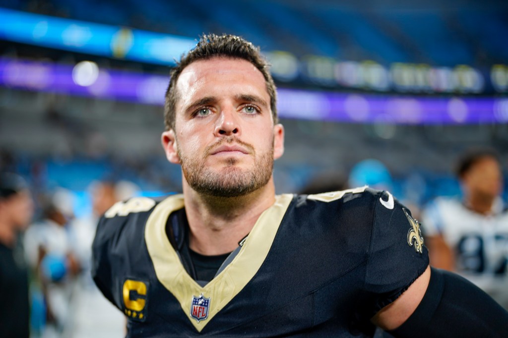 New Orleans Saints quarterback Derek Carr leaves the field after a win against the Carolina Panthers.