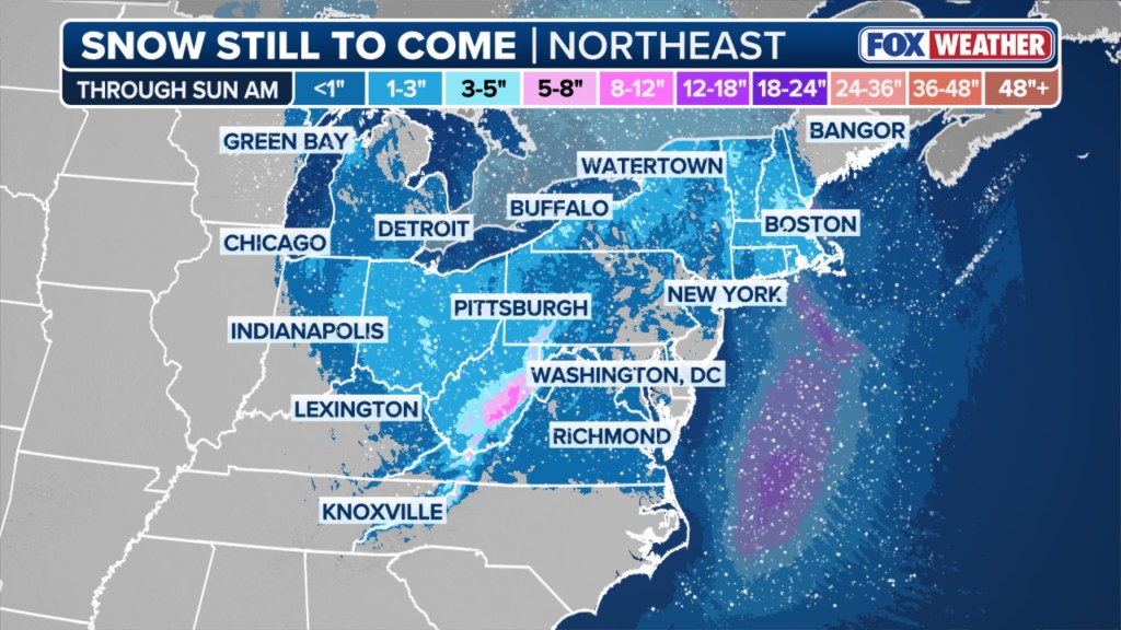 Illustration of a snow accumulation forecast map for the Northeast United States.