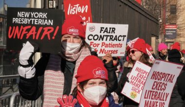 Striking nurses walk a picket line outside NewYork Presbyterian Hospital in New York, Monday, Feb. 9, 2026. (AP Photo/Richard Drew)