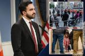 An image collage containing 3 images, Image 1 shows Mayor Zohran Mamdani, Image 2 shows An ICE agent walks among migrant families lined up for a mandatory check-in with the agency, Image 3 shows A young girl in a pink coat and Hello Kitty shirt with her family waiting at the U.S. Immigration Court in Manhattan