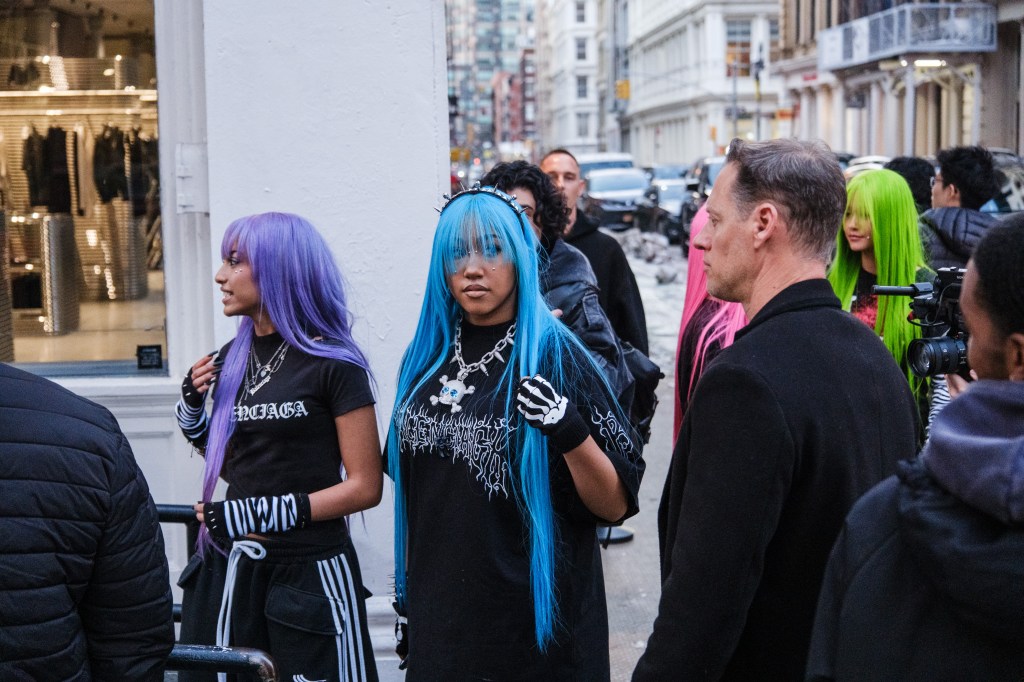 North West, 12, in blue hair, goes shopping with some of her friends at the Alexander Wang flagship store on Grand St in SoHo in Manhattan. 
