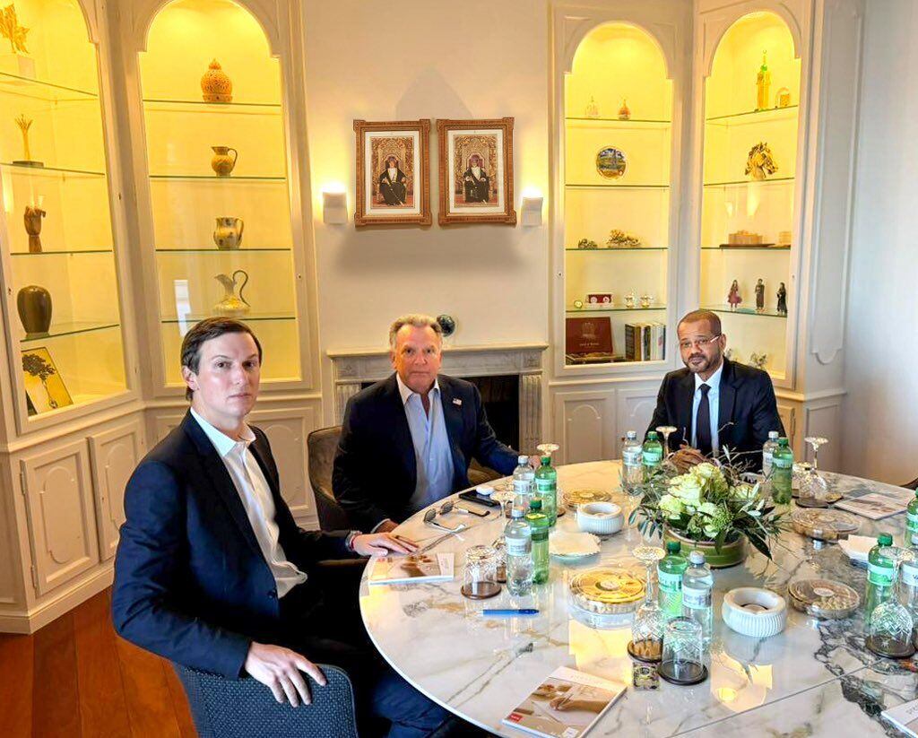 Oman's Foreign Minister Sayyid Badr bin Hamad Al Busaidi, Steve Witkoff, and Jared Kushner meet in Geneva.