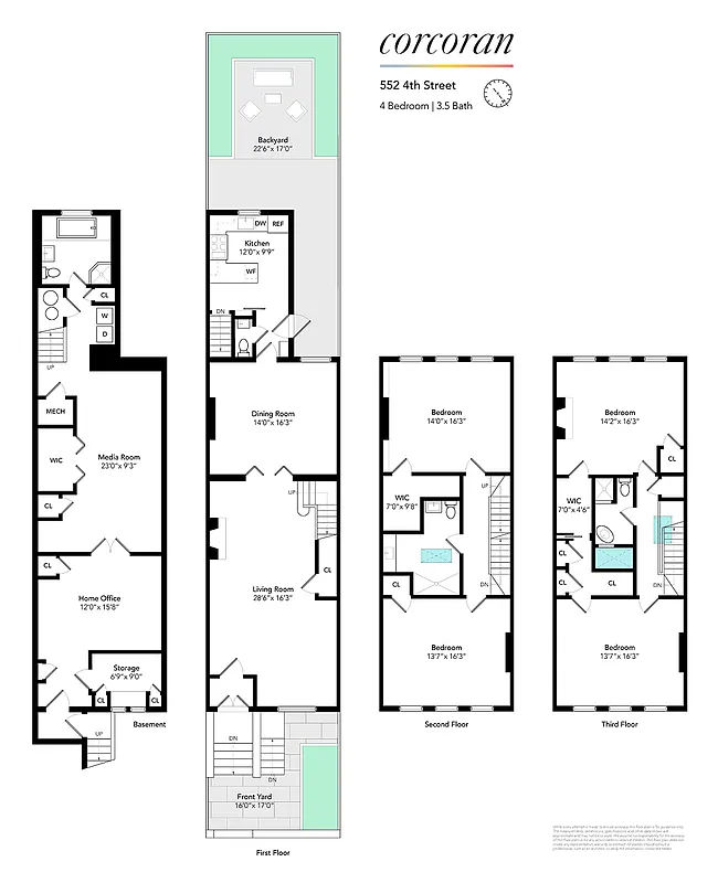 floorplan showing four floors of living space plus a basement with home office