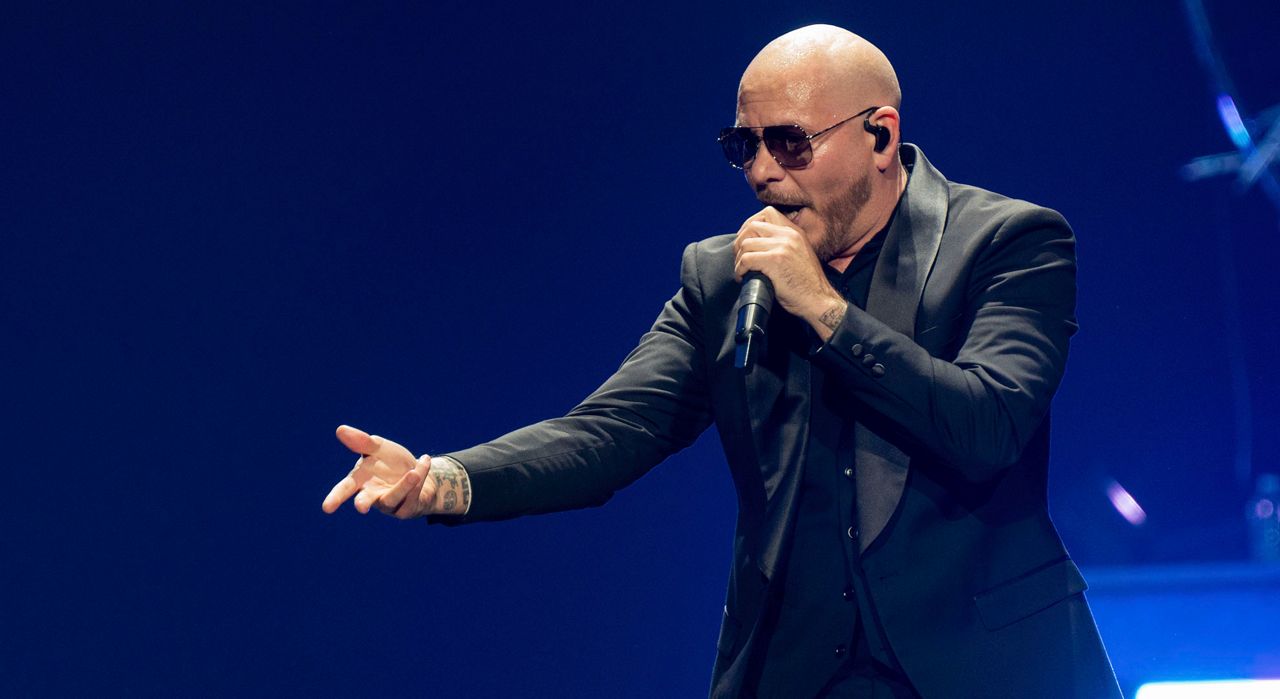 pitbull performs on stage