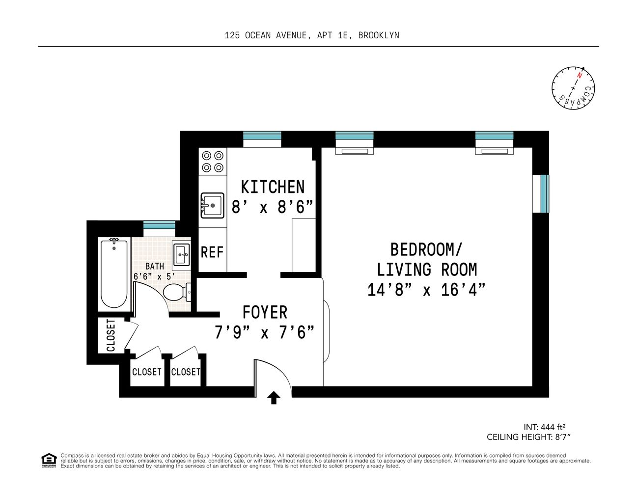 studio floorplan with three closets, separate kitchen
