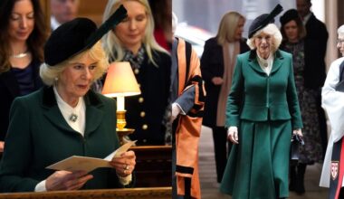 Queen Camilla wears a green skirt suit and statement hat at a service of celebration to mark the 650th anniversary of royal confirmation of the Guild of St Bride at St Bride's Church on Feb. 10, 2026 in London.
