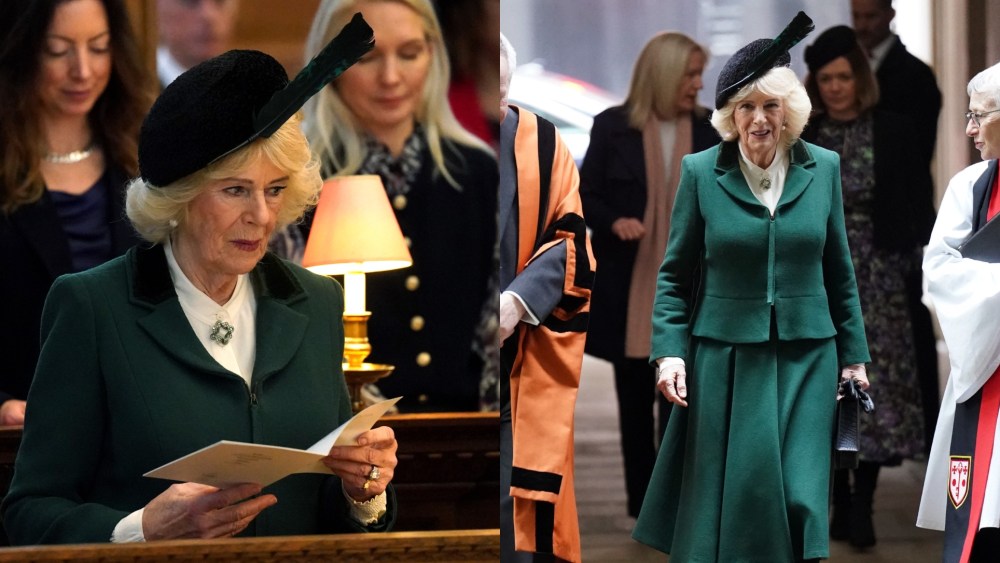 Queen Camilla wears a green skirt suit and statement hat at a service of celebration to mark the 650th anniversary of royal confirmation of the Guild of St Bride at St Bride's Church on Feb. 10, 2026 in London.