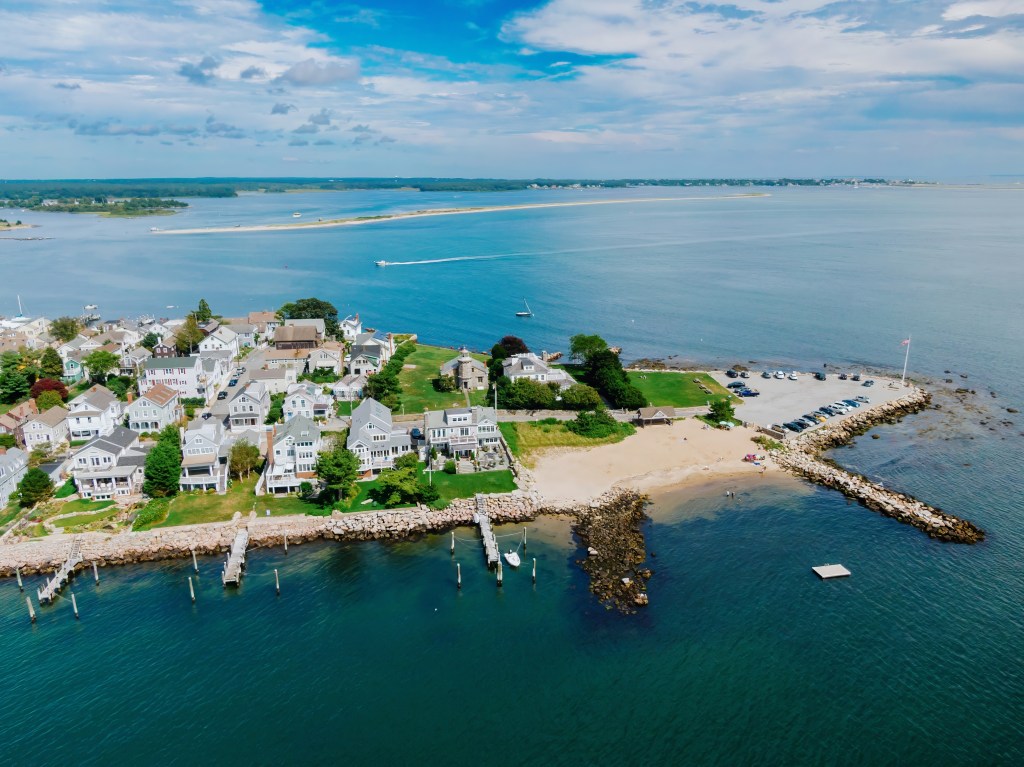 Aerial view of residential houses on Stonington Point, Stonington, Connecticut, United States.