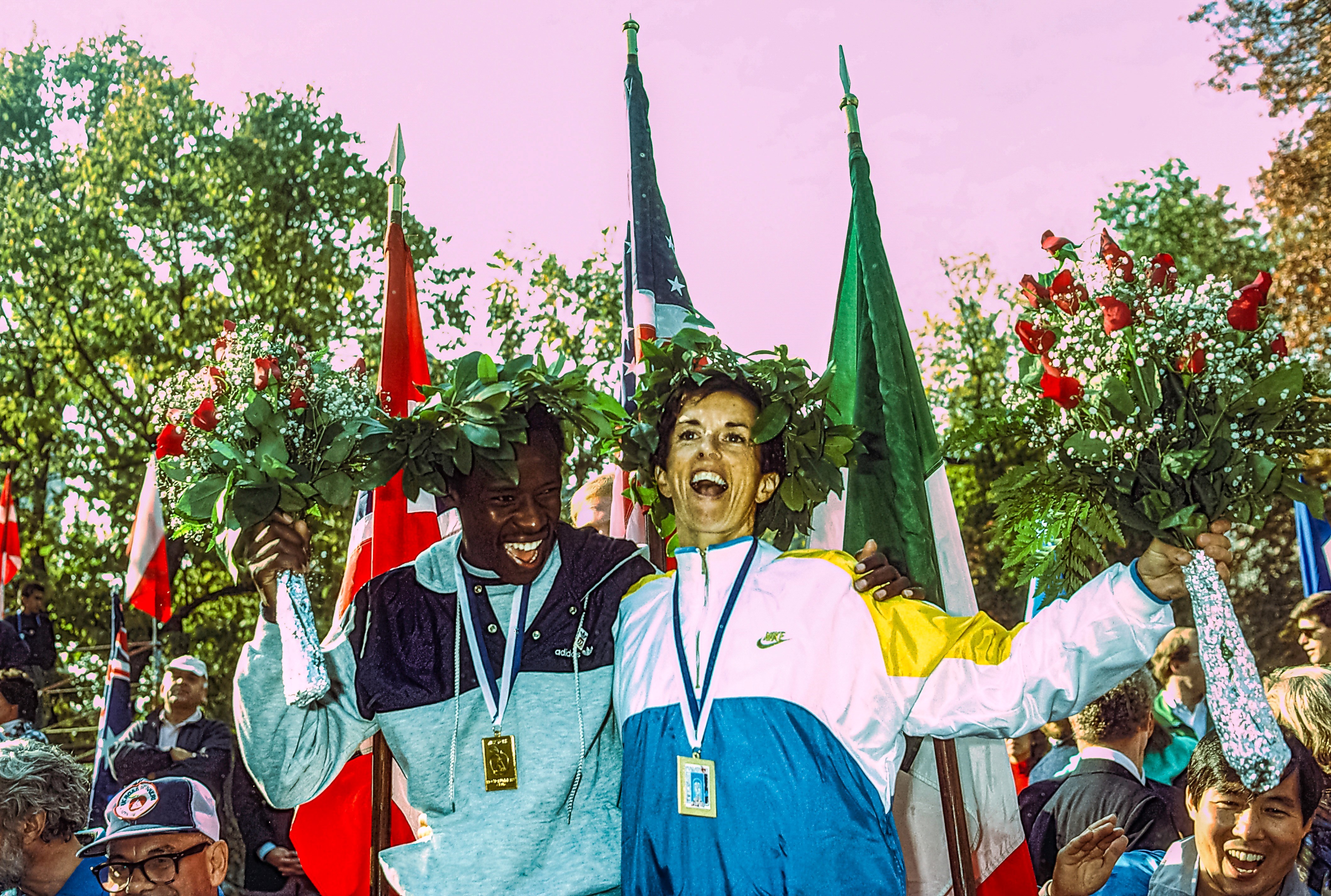 Kenya's Ibrahim Hussein and Great Britain's Priscilla Welch celebrate their victories at the 1987 New York City Marathon. 