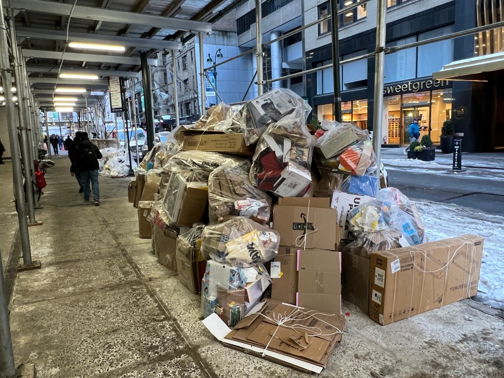 Garbage piles up on NYC streets along with snow as storm vexes sanitation department