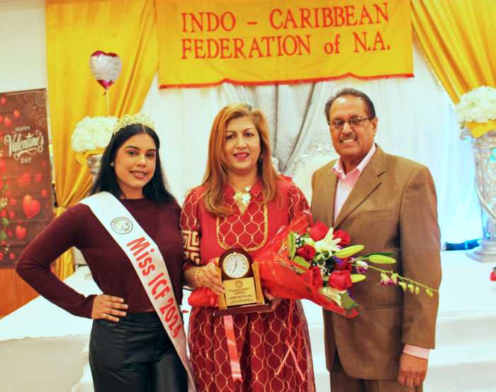 Ashmita Singh, Miss Indo-Caribbean Federation Queen 2024-2026, left join Chairperson of Community Board 9, Sherry Algredo, center, and President of ICF Ralph Tamesh, during the 5th Annual Valentine’s Day soiree, on Feb. 7. ICF in collaboration with the United Adult Care hosted the event at the Liberty Palace in Richmond Hill, Queens.