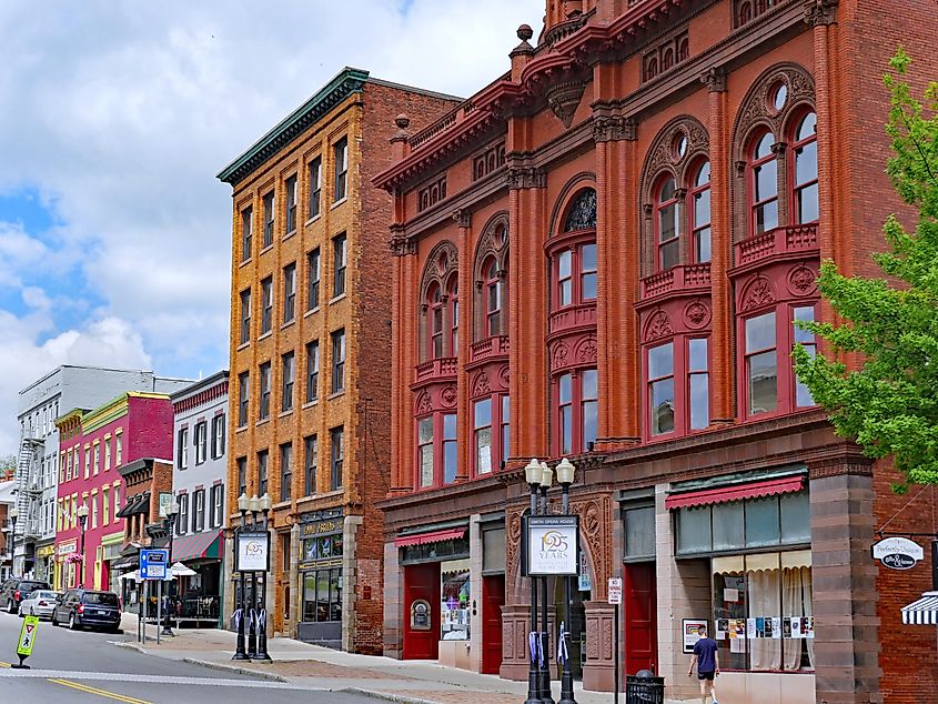 Vibrant buildings along the main street of Geneva, New York.