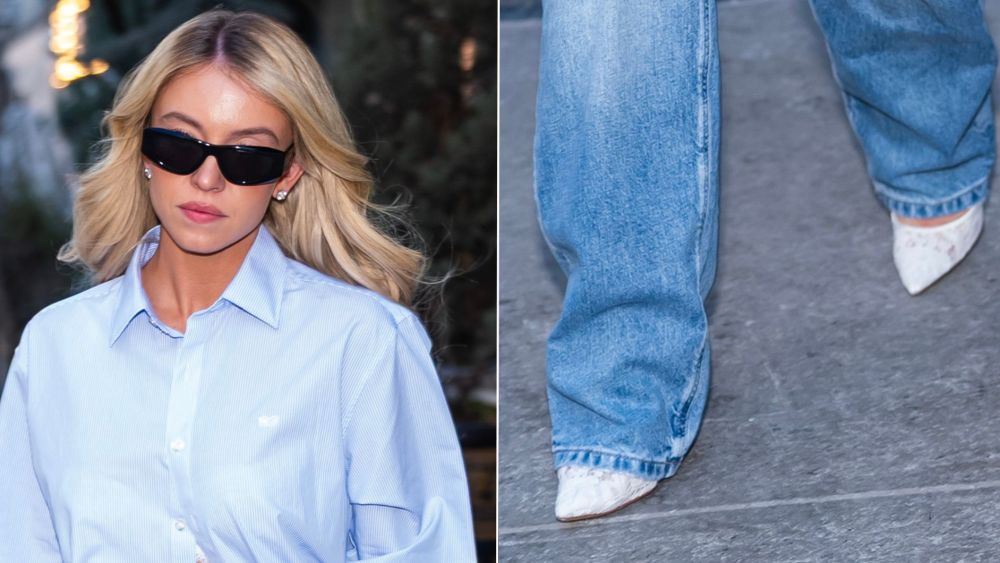 Sydney Sweeney paired Black Suede Studio's Gia Lace Pumps in White with a double denim look showing off her Syrn boxers while out in New York City on Monday.