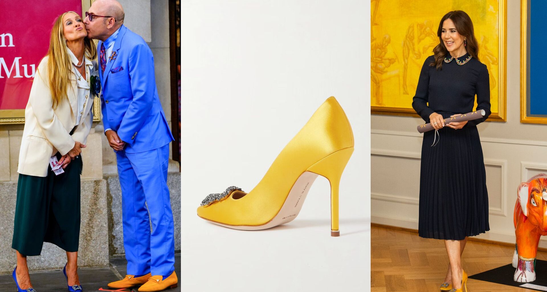 Carrie Bradshaw wearing blue Manolo heels and kissing Stanford on the cheek; Yellow Manolo Blahnik Hangisi pumps; Queen Mary wearing a navy outfit and yellow Manolo heels